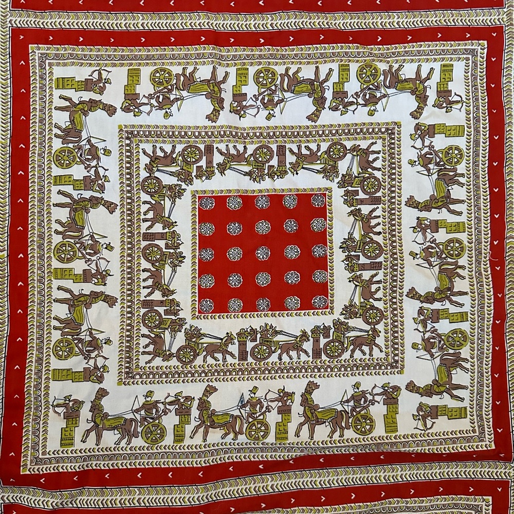 1950s Novelty Print Fabric Chariot Squares Orange Chartreuse Greek Upcycle